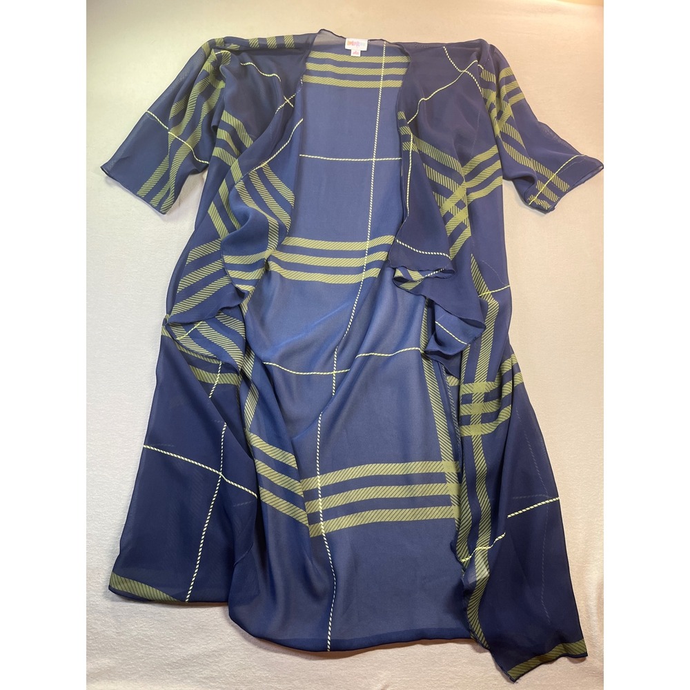LuLaRoe Shirley Kimono Womens S Blue Green Plaid Sheer Chiffon Duster Cardigan - Picture 2 of 6